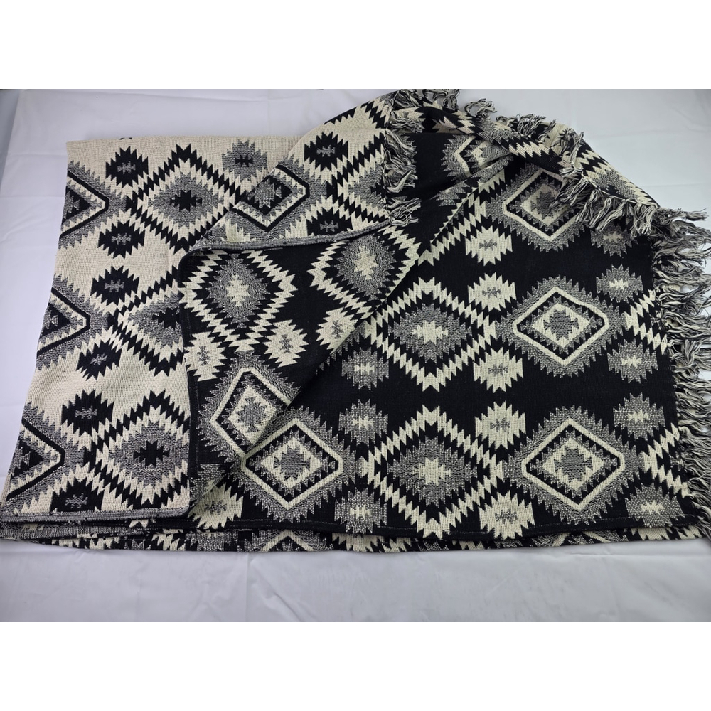 Aztec Western Reversible Throw Blanket With Fringe 50 X 70 Black/ Oatmeal